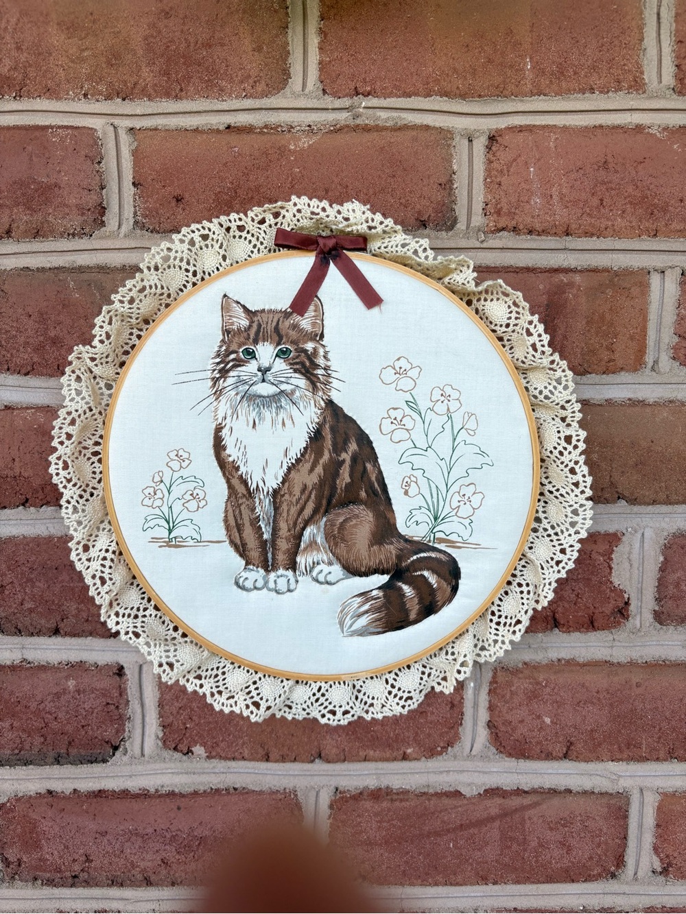 Hand-Embroidered quilted Brown Cat Hoop Wall Art with Lace Trim